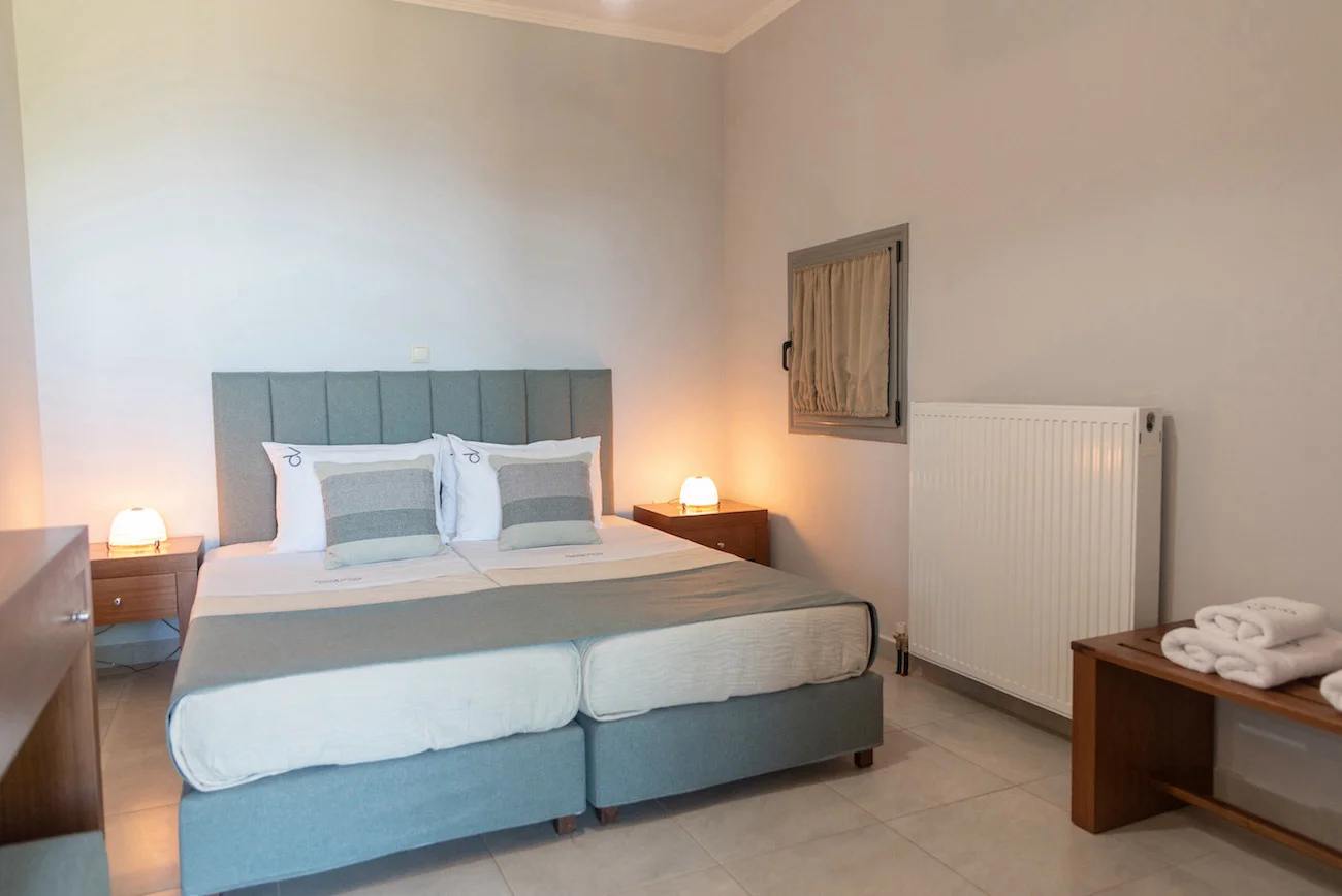 Twin bedroom at Villa Skala Mare holiday villa in Kefalonia